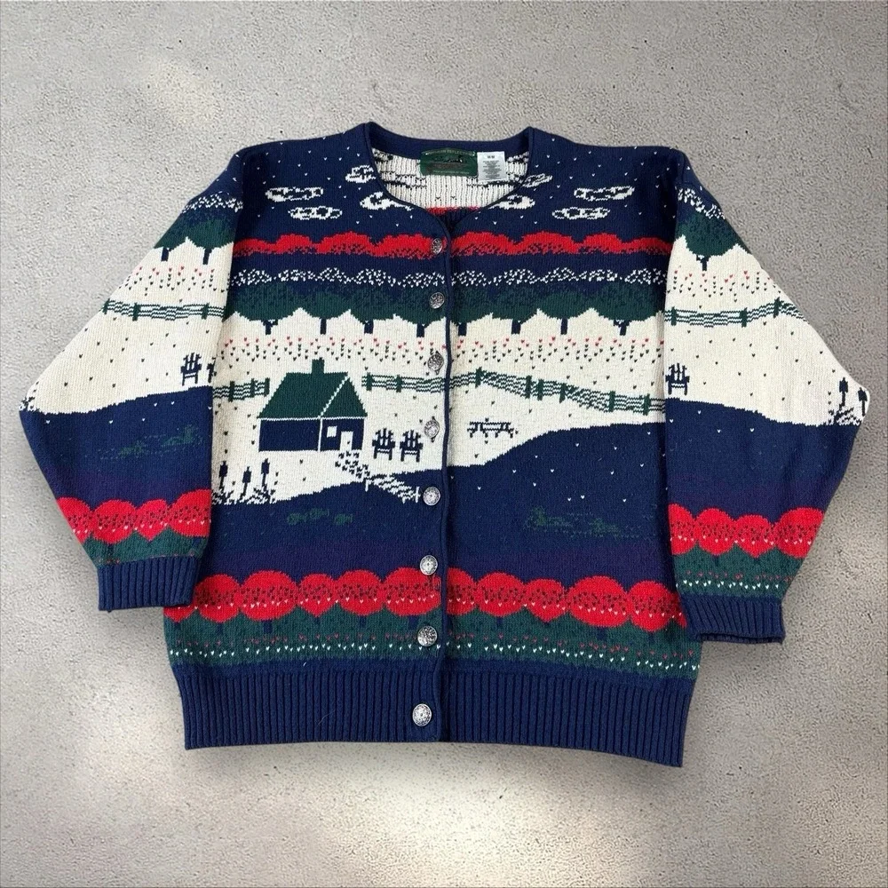 Vtg‎ Northern Reflections Cardigan Sweater Winter Cabin Ducks Cottagecore Sz M